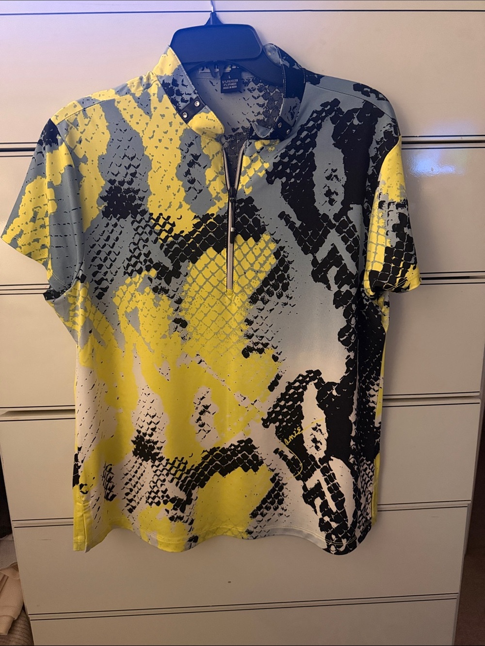 jamie sadock Yellow Black Gray Snake-Print Short Sleeve Zip Polo